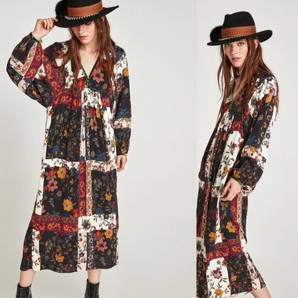 Zara Patchwork Floral Midi Dress Green Velvet Trim Boho Blogger Favorite S